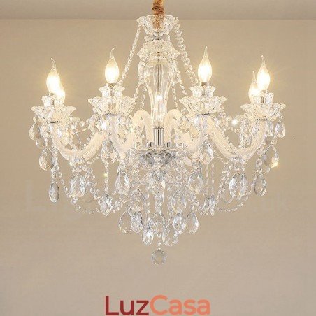 Lustre de braço branco com vela de cristal transparente de 8 luzes Lustre de braço branco com vela de cristal transparente de 8 luzes