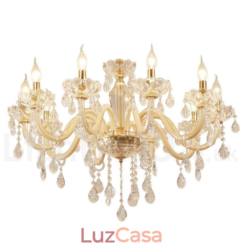 Lustre de ouro com lustre de vela de cristal transparente