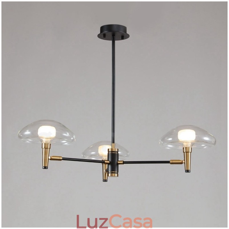 Lustre de 3 luzes estilo mini uplight com acabamento pintado galvanizado e cúpulas de vidro