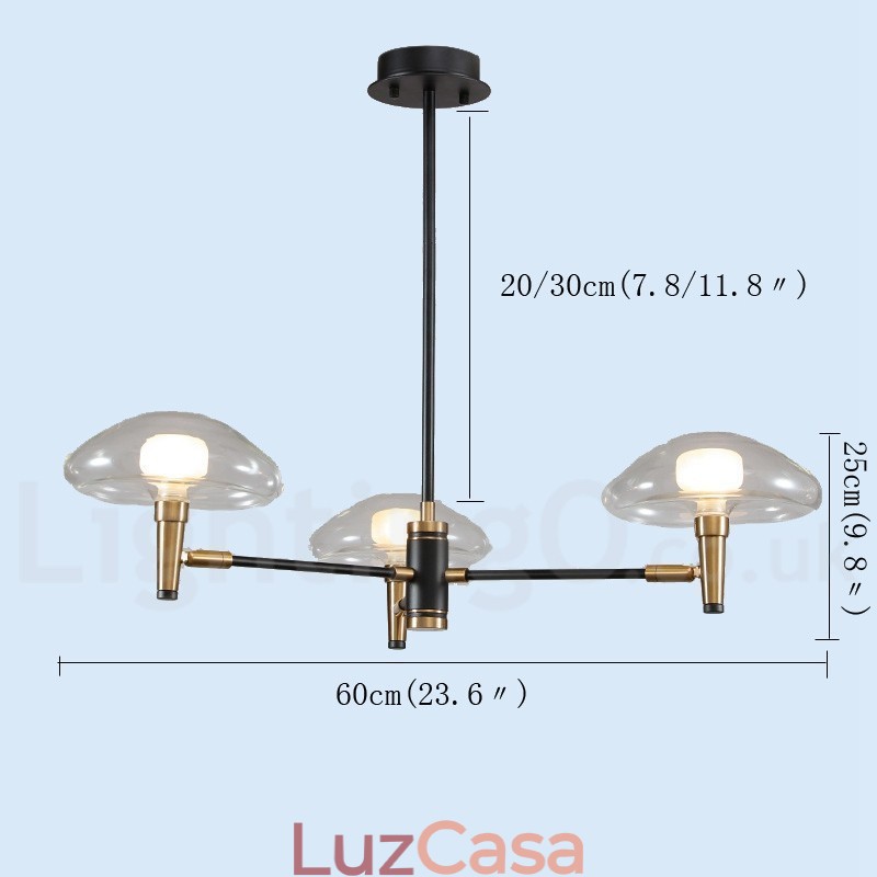Lustre de 3 luzes estilo mini uplight com acabamento pintado galvanizado e cúpulas de vidro