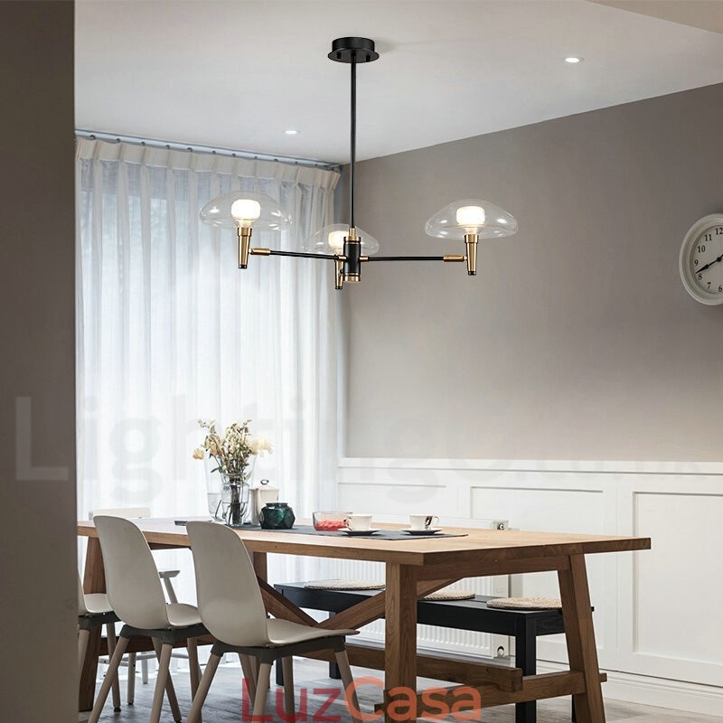 Lustre de 3 luzes estilo mini uplight com acabamento pintado galvanizado e cúpulas de vidro