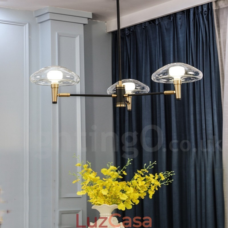 Lustre de 3 luzes estilo mini uplight com acabamento pintado galvanizado e cúpulas de vidro