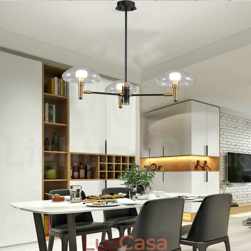 Lustre de 3 luzes estilo mini uplight com acabamento pintado galvanizado e cúpulas de vidro