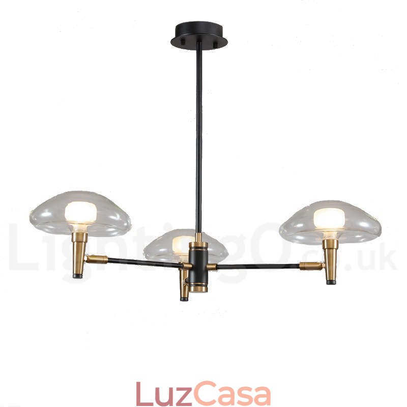 Lustre de 3 luzes estilo mini uplight com acabamento pintado galvanizado e cúpulas de vidro
