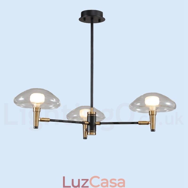 Lustre de 3 luzes estilo mini uplight com acabamento pintado galvanizado e cúpulas de vidro