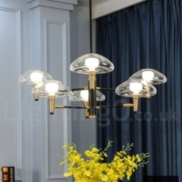 Lustre de 6 luzes com acabamento pintado galvanizado e cúpulas de vidro