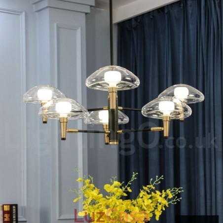 Lustre de 6 luzes com acabamento pintado galvanizado e cúpulas de vidro Lustre de 6 luzes com acabamento pintado galvanizado e cúpulas de vidro