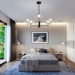 Lustre de 6 luzes com acabamento pintado galvanizado e cúpulas de vidro
