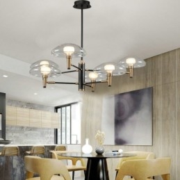 Lustre de 6 luzes com acabamento pintado galvanizado e cúpulas de vidro