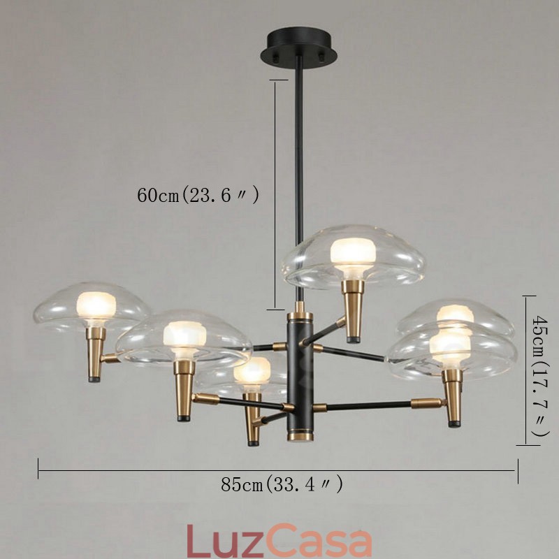 Lustre de 6 luzes com acabamento pintado galvanizado e cúpulas de vidro