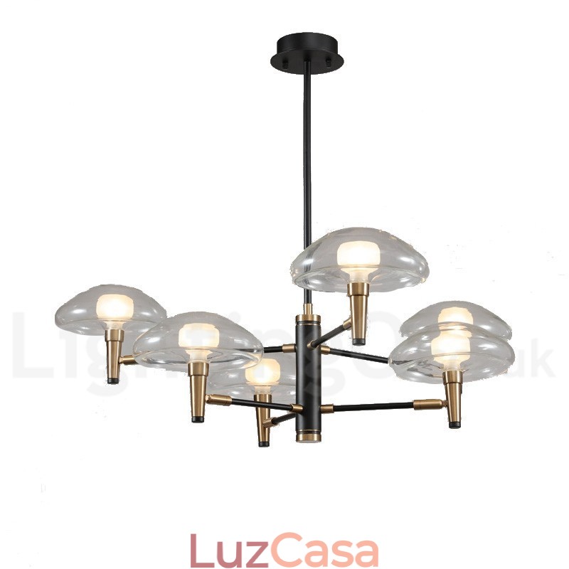 Lustre de 6 luzes com acabamento pintado galvanizado e cúpulas de vidro
