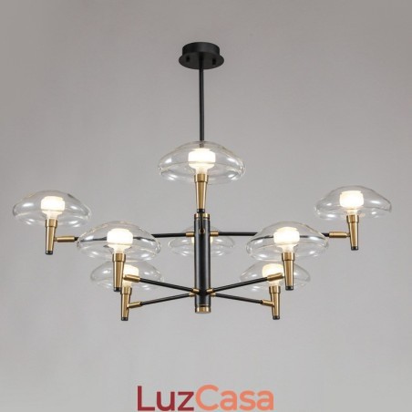 Lustre de 8 luzes com acabamento pintado galvanizado e cúpulas de vidro Lustre de 8 luzes com acabamento pintado galvanizado e cúpulas de vidro