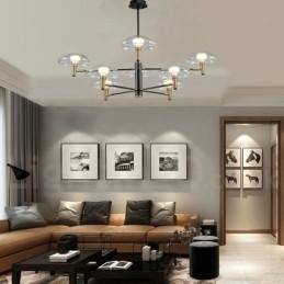 Lustre de 8 luzes com acabamento pintado galvanizado e cúpulas de vidro