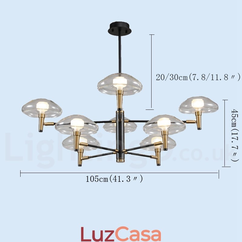 Lustre de 8 luzes com acabamento pintado galvanizado e cúpulas de vidro