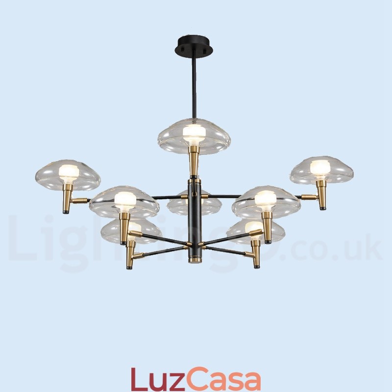 Lustre de 8 luzes com acabamento pintado galvanizado e cúpulas de vidro
