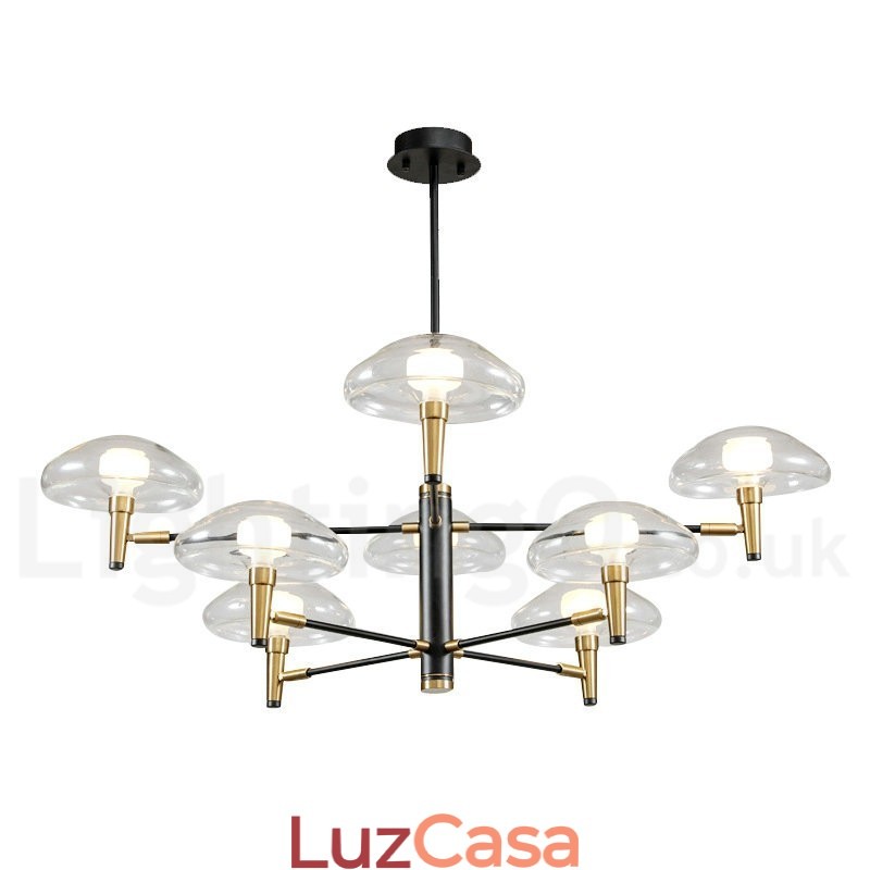 Lustre de 8 luzes com acabamento pintado galvanizado e cúpulas de vidro