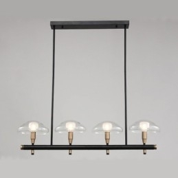 Lustre de 4 luzes lineares com acabamento pintado galvanizado e cúpulas de vidro