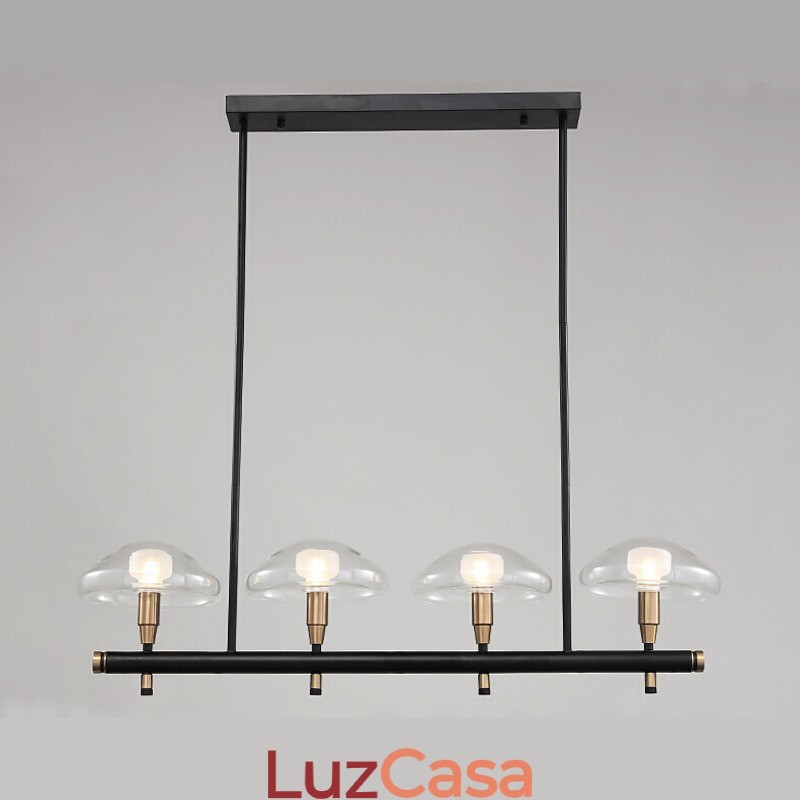 Lustre de 4 luzes lineares com acabamento pintado galvanizado e cúpulas de vidro