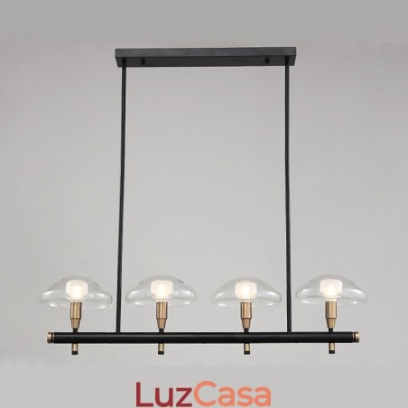 Lustre de 4 luzes lineares com acabamento pintado galvanizado e cúpulas de vidro Lustre de 4 luzes lineares com acabamento pintado galvanizado e cúpulas de vidro