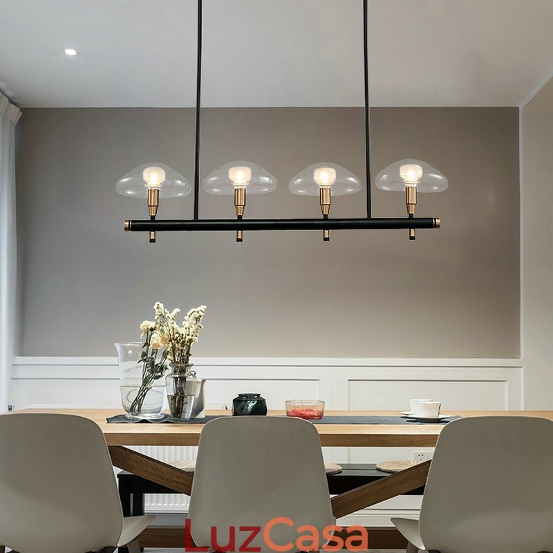 Lustre de 4 luzes lineares com acabamento pintado galvanizado e cúpulas de vidro