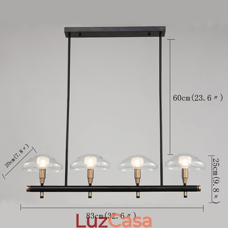 Lustre de 4 luzes lineares com acabamento pintado galvanizado e cúpulas de vidro