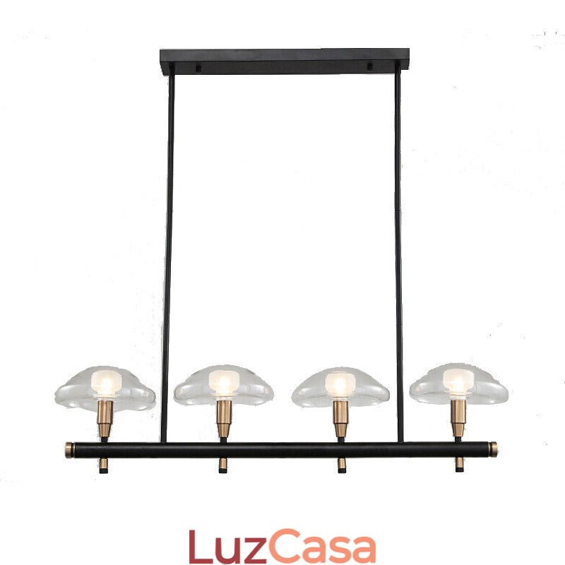Lustre de 4 luzes lineares com acabamento pintado galvanizado e cúpulas de vidro