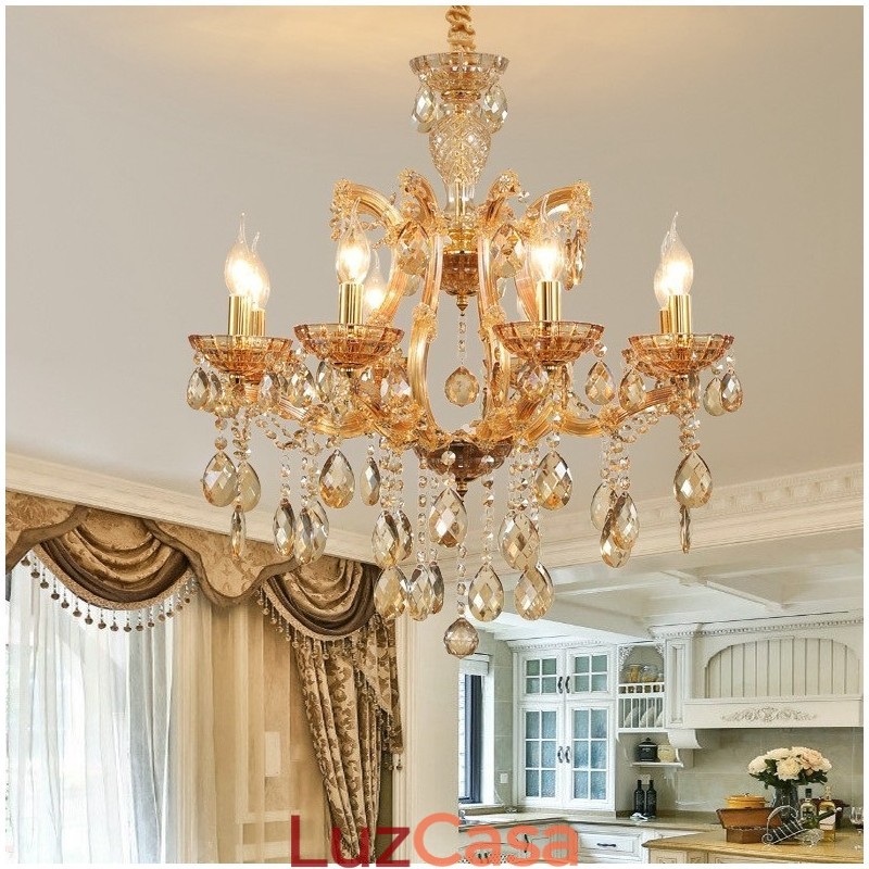 Lustre de cristal âmbar com 8 velas