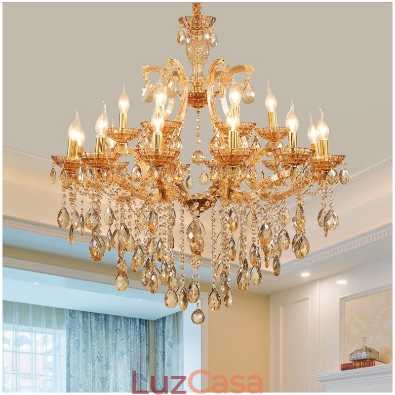 Lustre de cristal âmbar com 18 (12+6) luzes