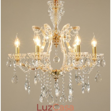 Lustre de cristal dourado com 6 velas