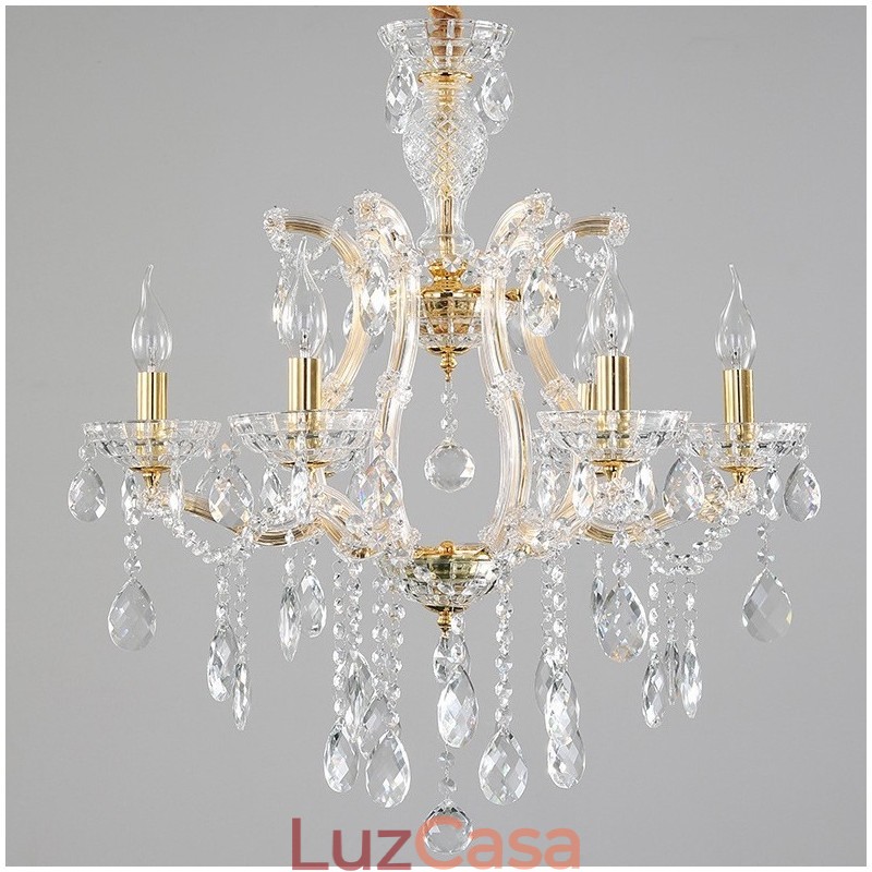Lustre de cristal dourado com 6 velas