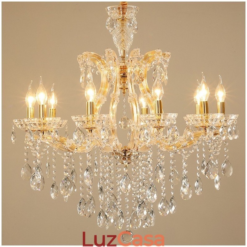 Lustre de cristal dourado com 10 velas