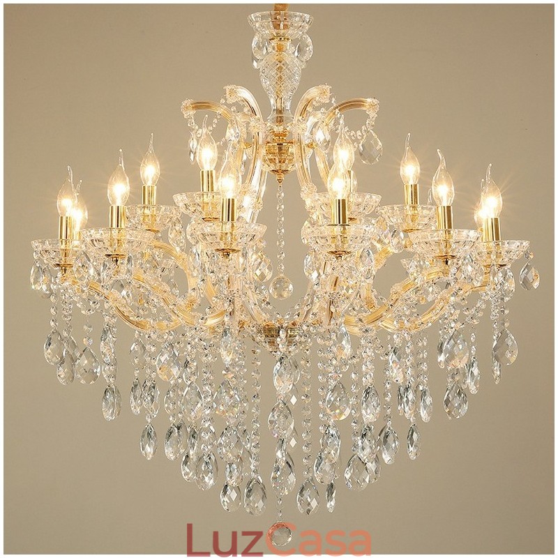 Lustre de cristal dourado com 18 (12+6) luzes