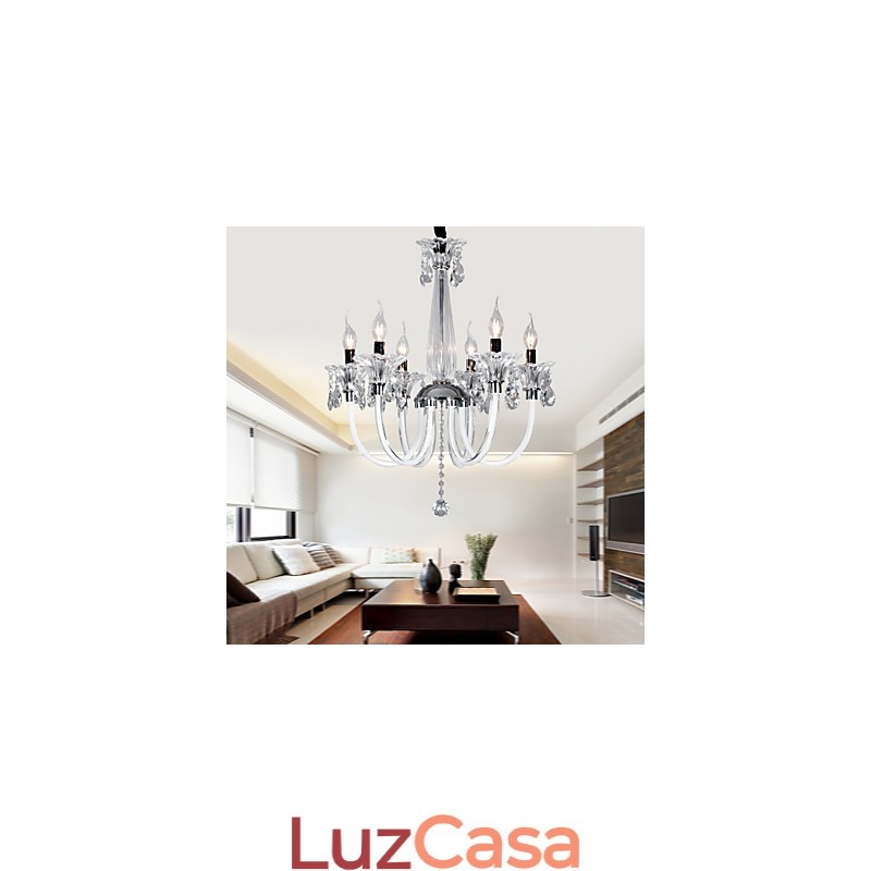 Lustre de Cristal Elegante com 6 Luzes em Bulbo de Vela