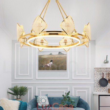 Lustre de cristal K9 redondo de luxo pós-moderno dourado com abajur de acrílico para salão de exposições Lustre de cristal K9 redondo de luxo pós-moderno dourado com abajur de acrílico para salão de exposições
