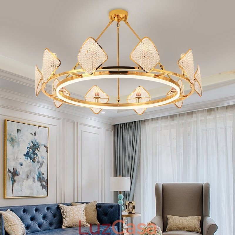 Lustre de cristal K9 redondo de luxo pós-moderno dourado com abajur de acrílico para salão de exposições