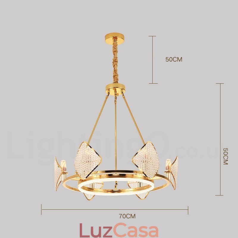 Lustre de cristal K9 redondo de luxo pós-moderno dourado com abajur de acrílico para salão de exposições