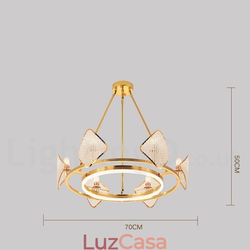 Lustre de cristal K9 redondo de luxo pós-moderno dourado com abajur de acrílico para salão de exposições