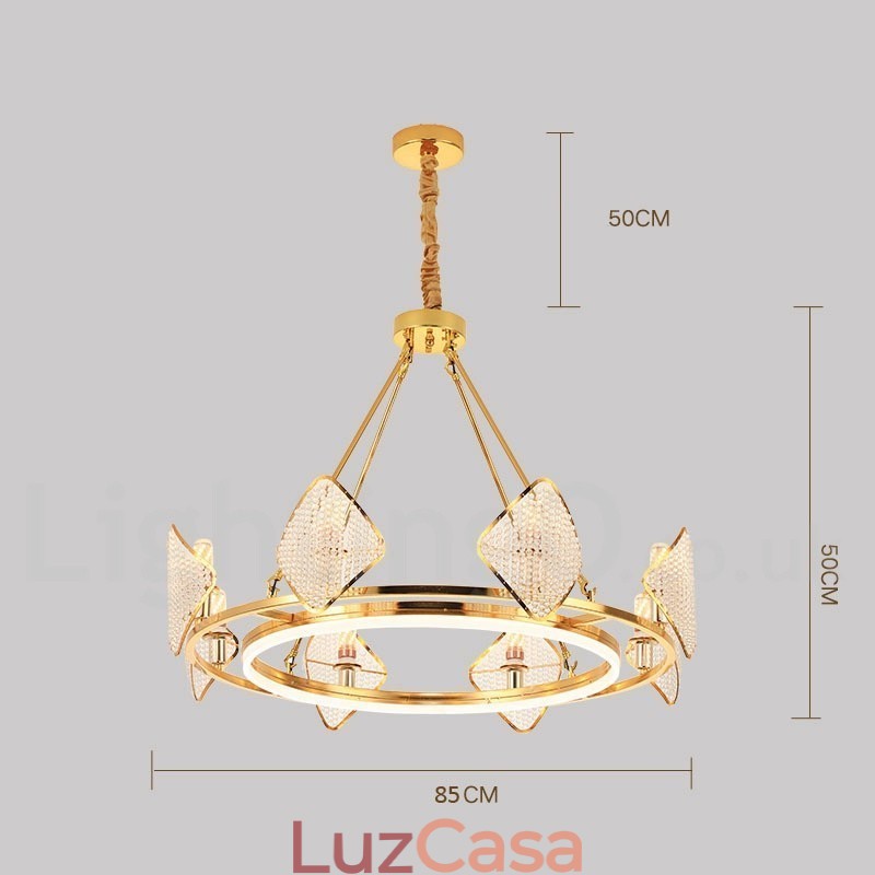 Lustre de cristal K9 redondo de luxo pós-moderno dourado com abajur de acrílico para salão de exposições