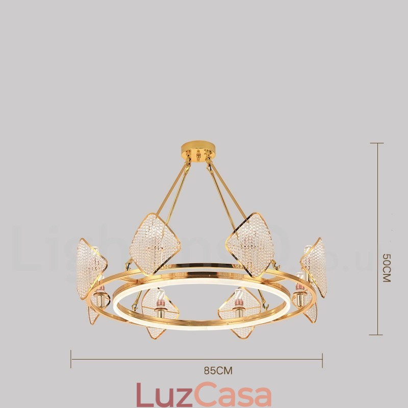 Lustre de cristal K9 redondo de luxo pós-moderno dourado com abajur de acrílico para salão de exposições