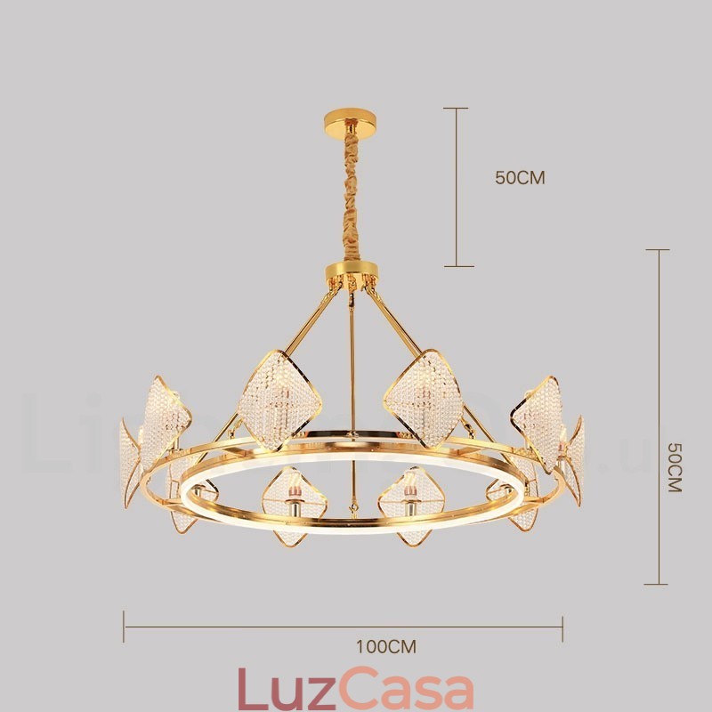 Lustre de cristal K9 redondo de luxo pós-moderno dourado com abajur de acrílico para salão de exposições