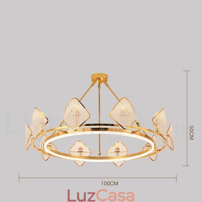 Lustre de cristal K9 redondo de luxo pós-moderno dourado com abajur de acrílico para salão de exposições