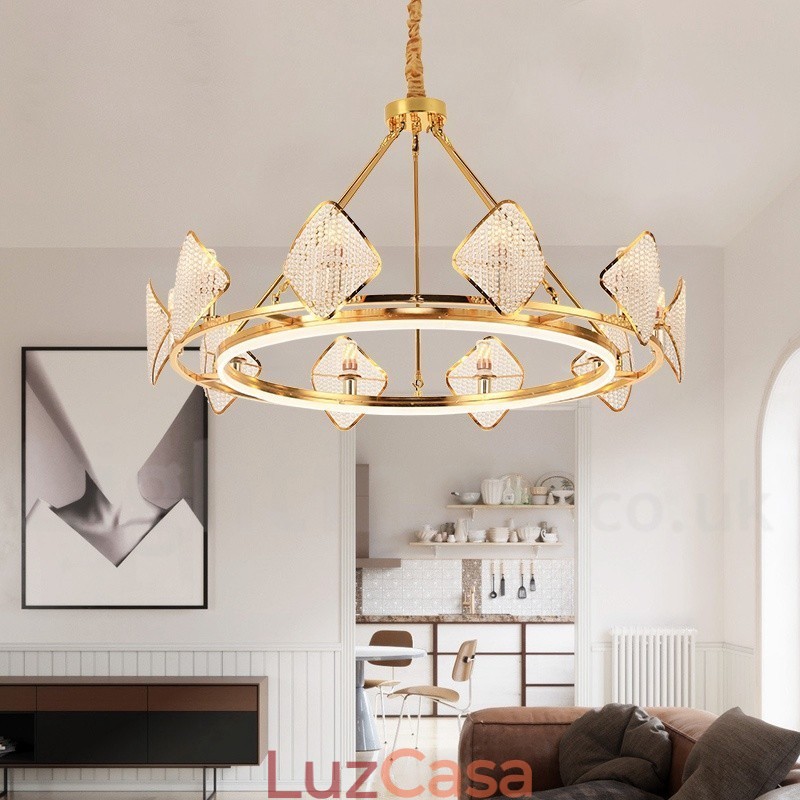 Lustre de cristal K9 redondo de luxo pós-moderno dourado com abajur de acrílico para salão de exposições