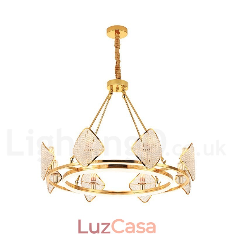 Lustre de cristal K9 redondo de luxo pós-moderno dourado com abajur de acrílico para salão de exposições