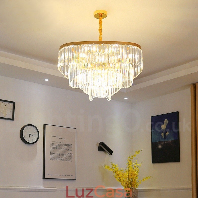 Lustre de pingente de cristal K9 redondo de luxo pós-moderno dourado para salão de exposições