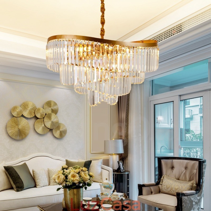 Lustre de pingente de cristal K9 redondo de luxo pós-moderno dourado para salão de exposições