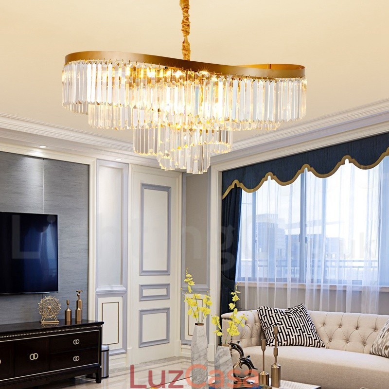 Lustre de pingente de cristal K9 redondo de luxo pós-moderno dourado para salão de exposições