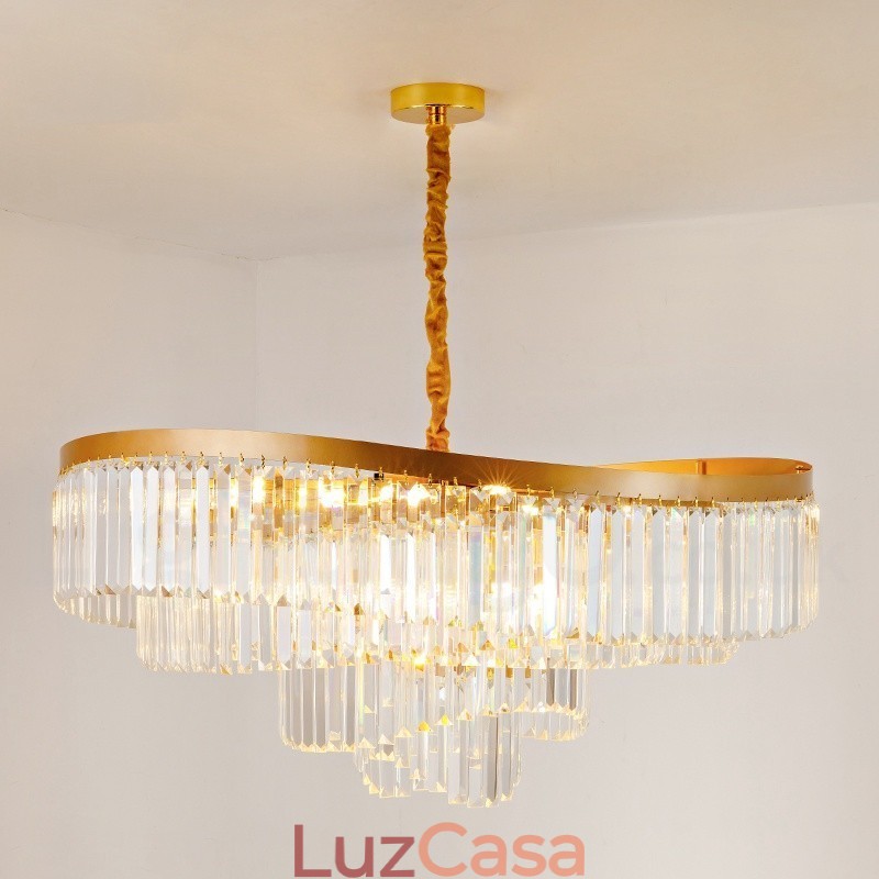 Lustre de pingente de cristal K9 redondo de luxo pós-moderno dourado para salão de exposições