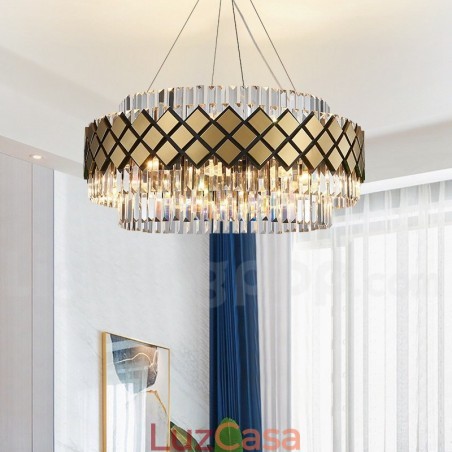 Lustre moderno de luxo dourado e preto redondo com pingente de cristal K9 para salão de exposições