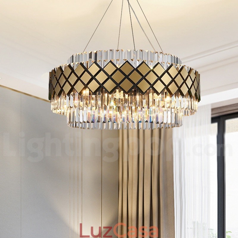Lustre moderno de luxo dourado e preto redondo com pingente de cristal K9 para salão de exposições
