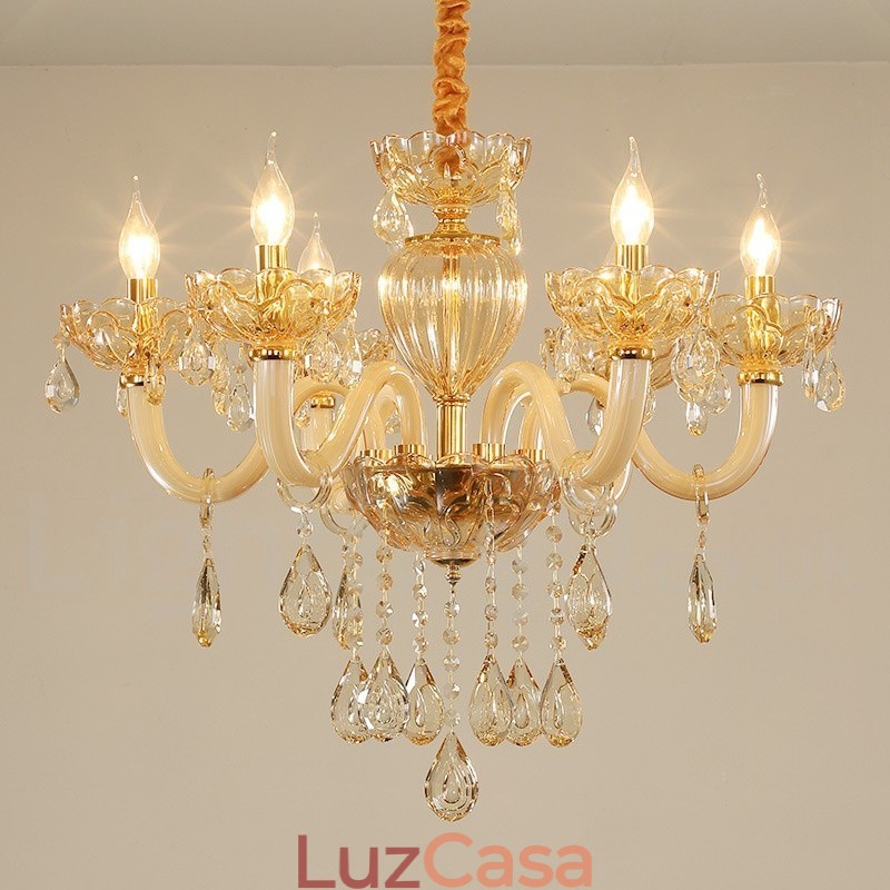 Lustre de cristal com vela de 6 luzes cor champanhe
